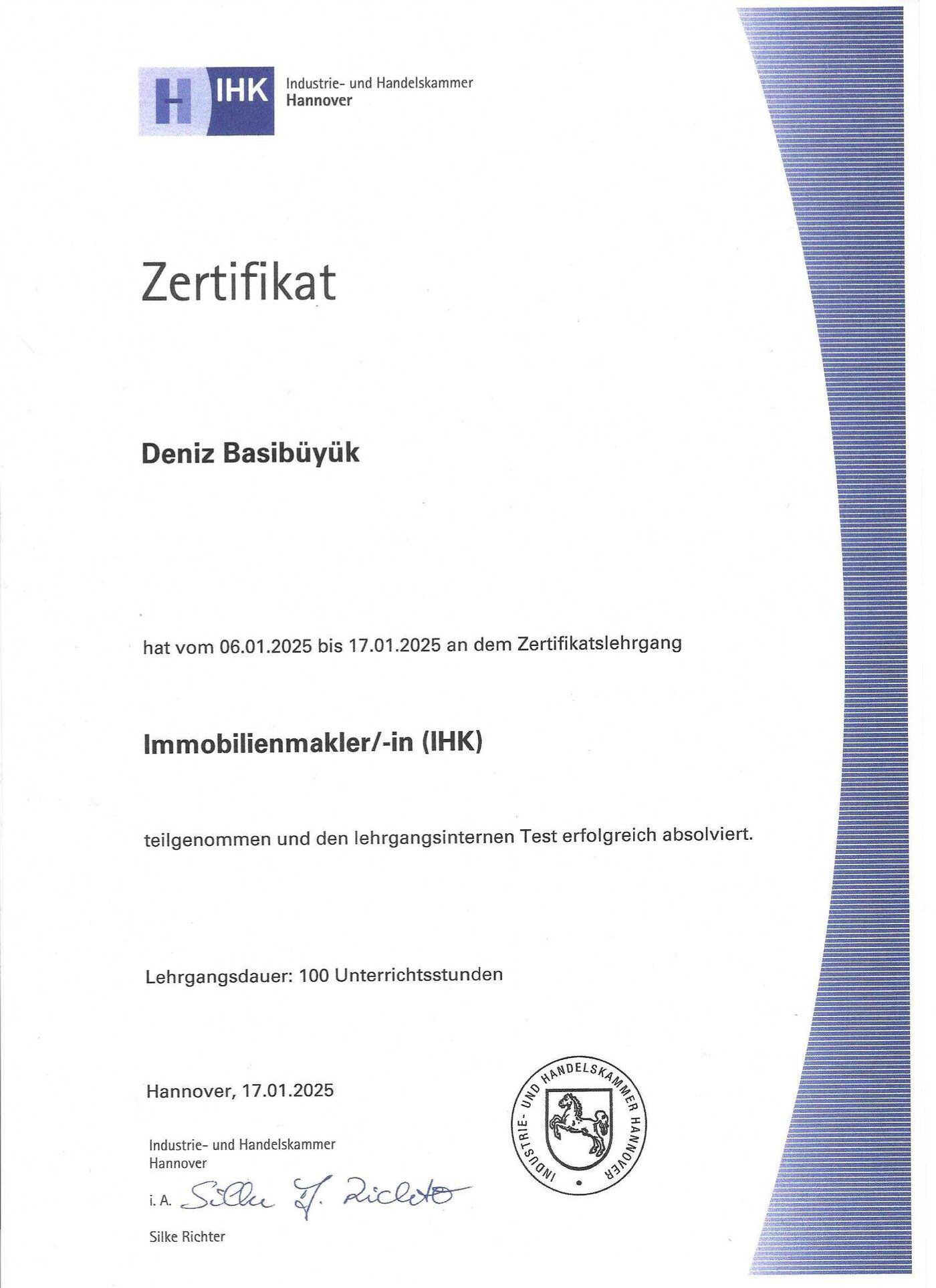 IHK-Zertifikat „Immobilienmakler/-in (IHK)“ von Deniz Basibüyük