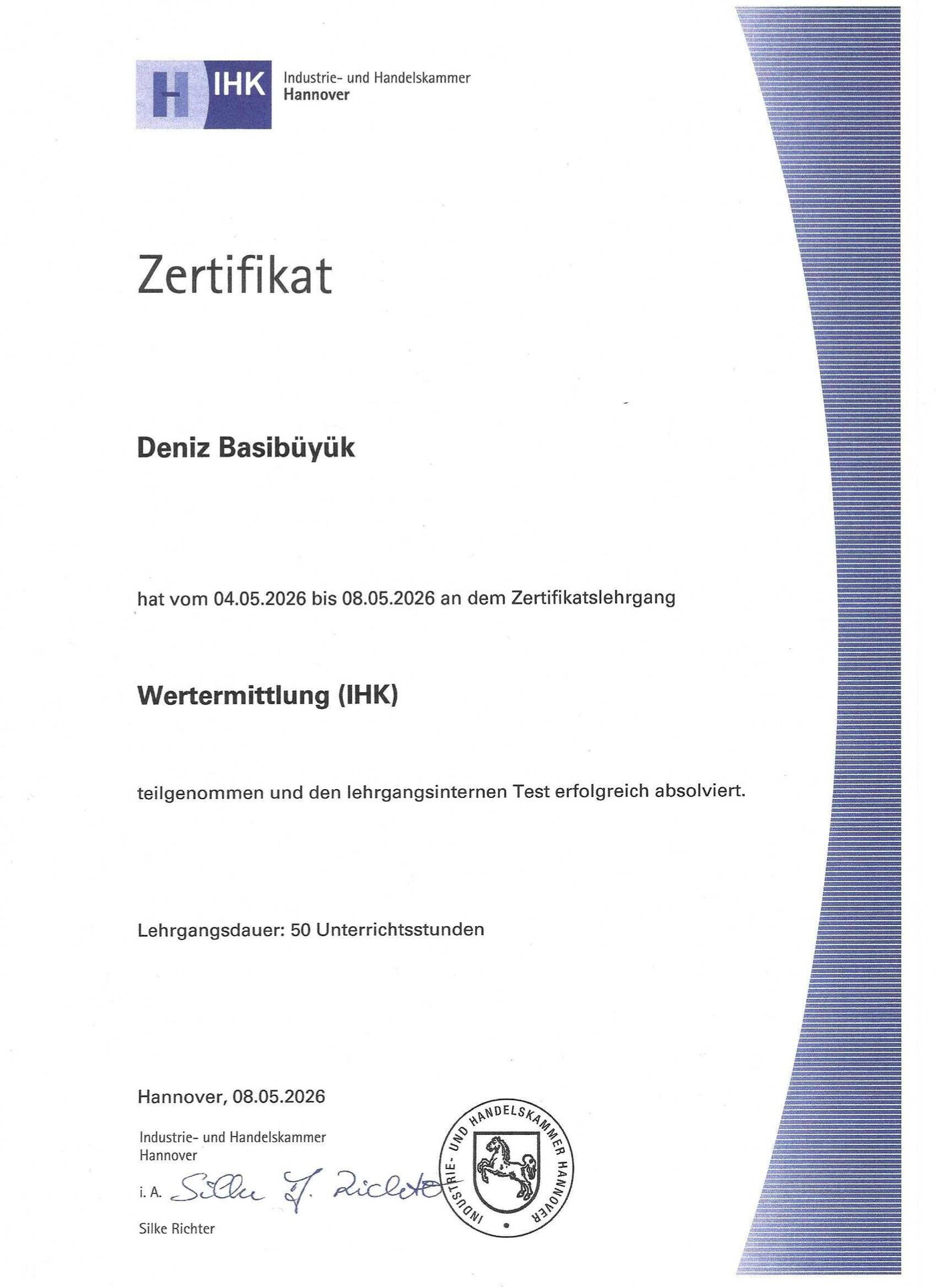 IHK-Zertifikat „Wertermittlung (IHK)“ von Deniz Basibüyük
